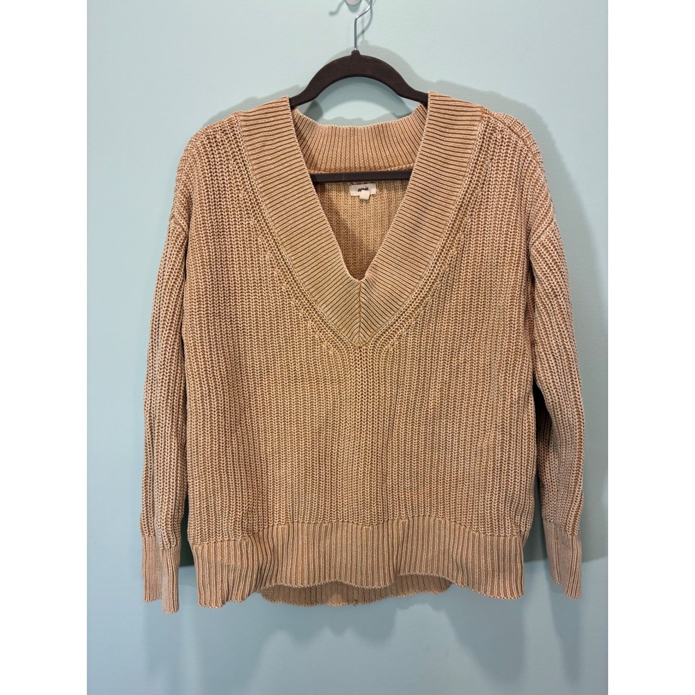 Aerie Tan Beige Chunky Knit V-Neck Pullover Sweater Small